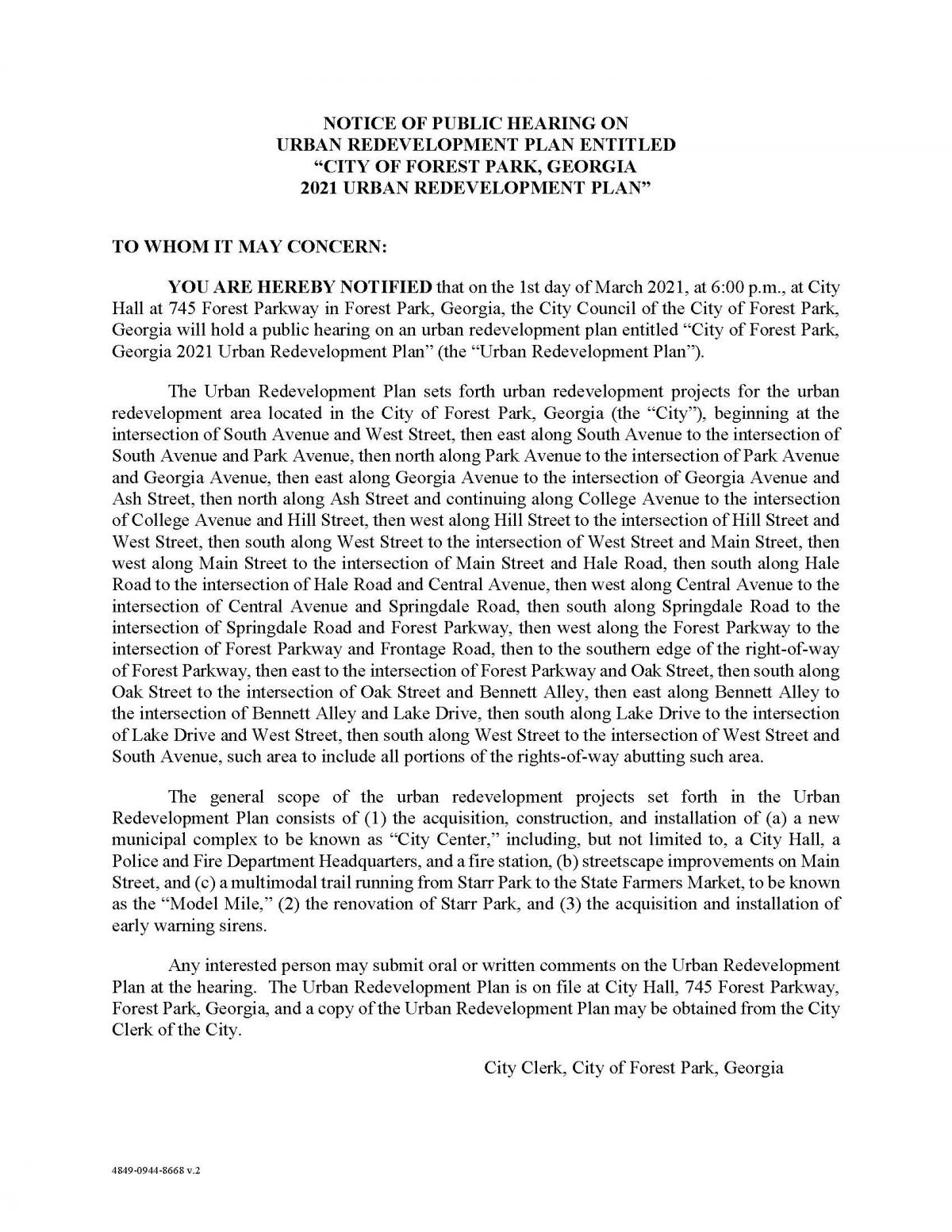 NOTICE OF PUBLIC HEARING ON URBAN REDEVELOPMENT PLAN ENTITLED  “CITY OF FOREST PARK, GEORGIA  2021 URBAN REDEVELOPMENT PLAN” 